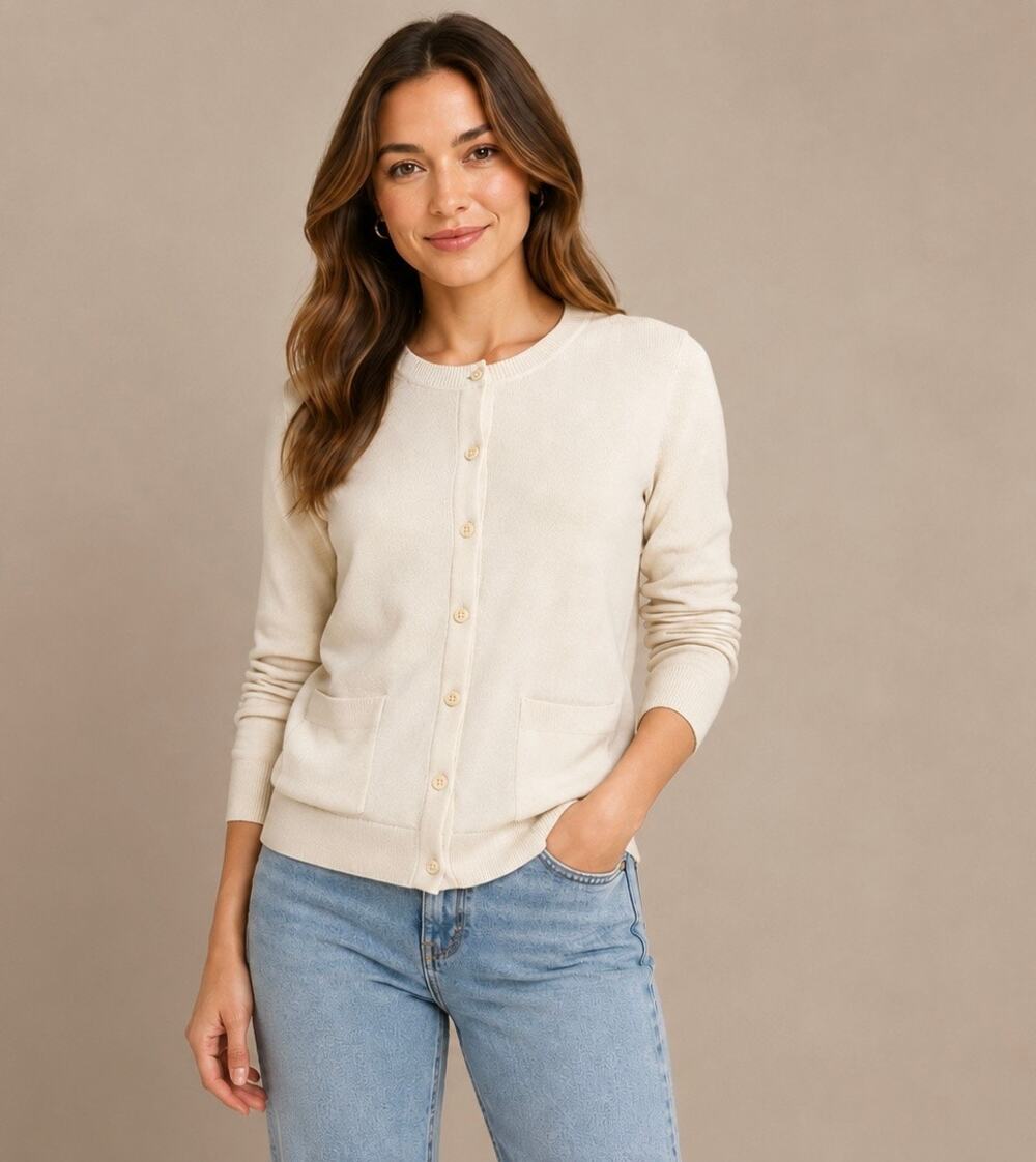 Banana Republic White Button Front Cardigan Sweater Pockets Ribbed Detail M EUC